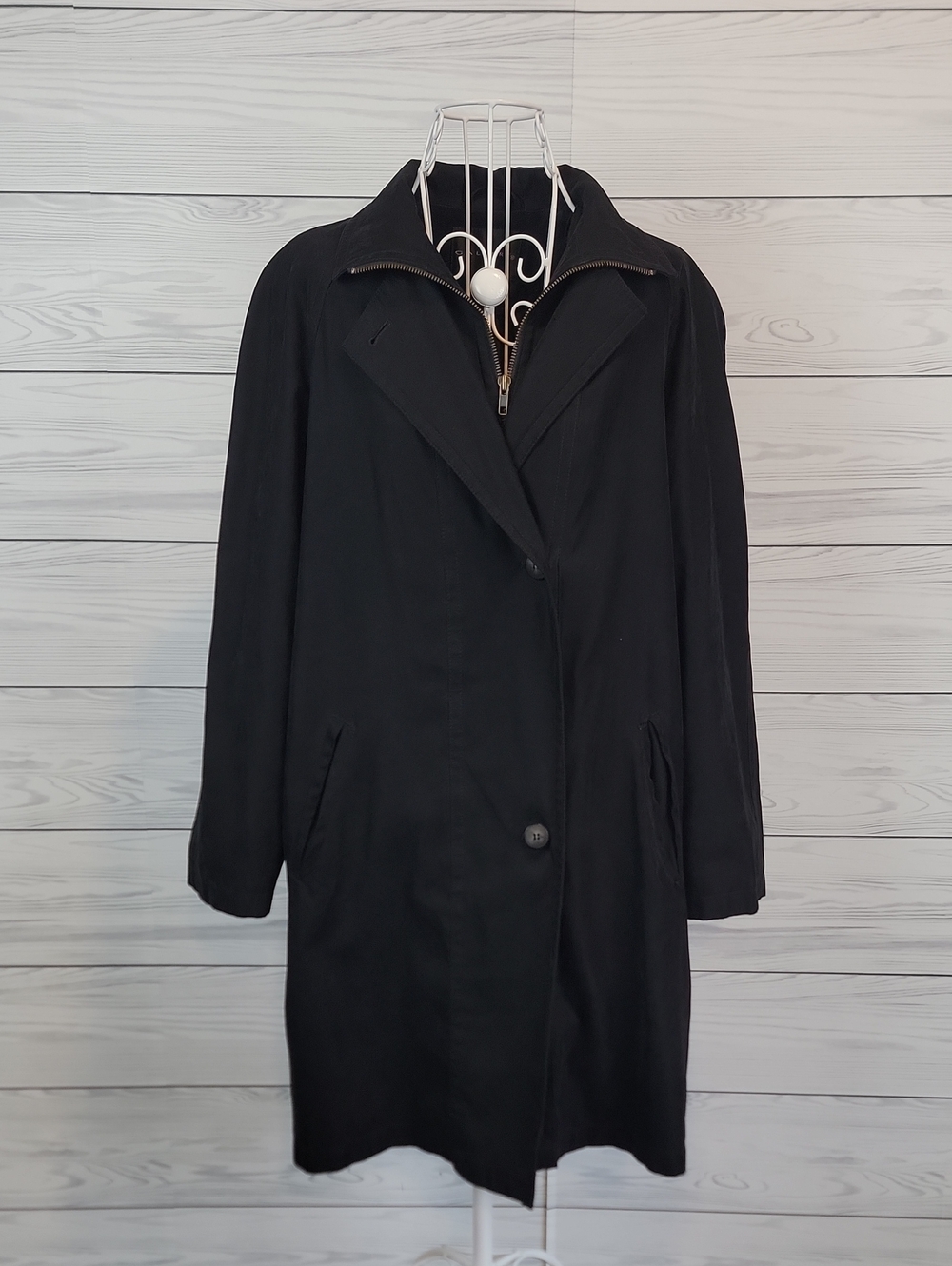Gallery Vintage Black Long Trench Coat with Zip Collar Detail Womens Size S